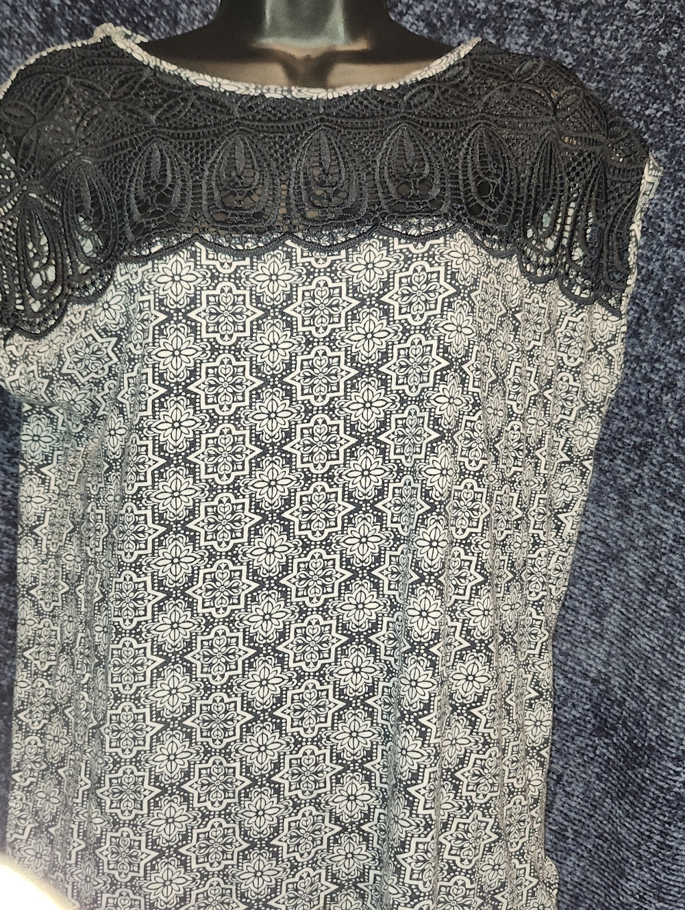 Dark Navy Blue & White Lace Yoke Patterned Blouse
